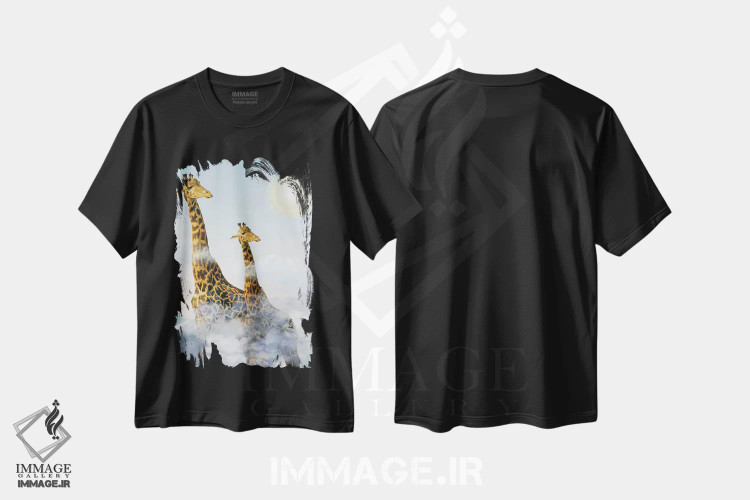 تیشرت مشکی طرح دار زرافه ها و ابرها، تزئینی اثر ادسون راموس | فروشگاه ایماژ