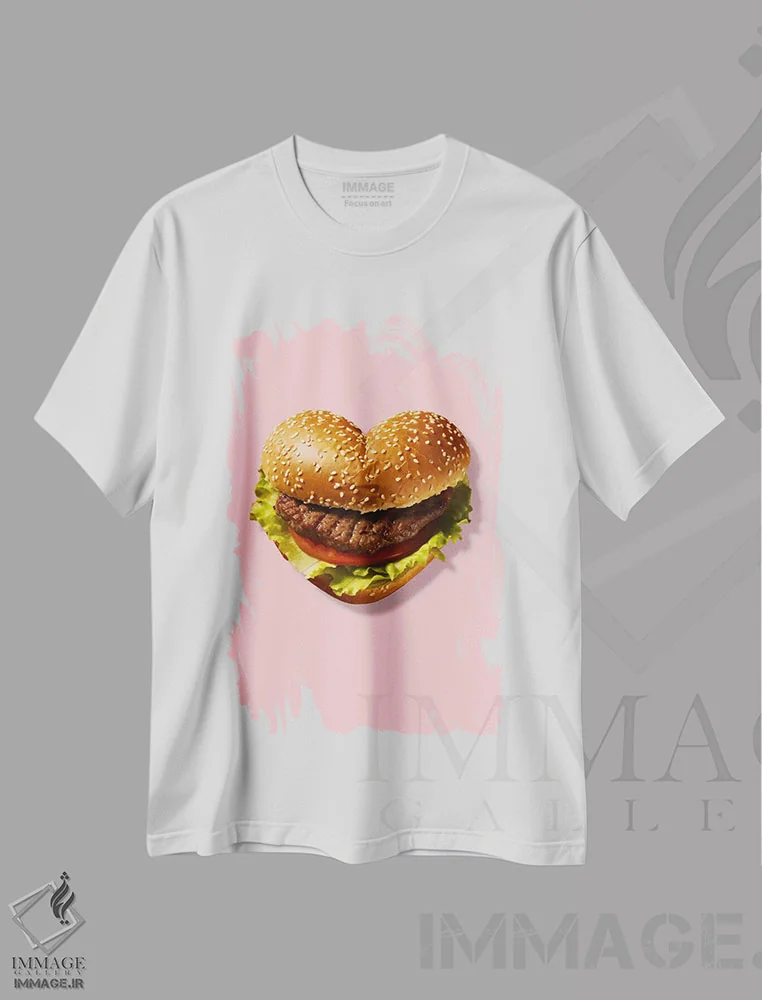 تیشرت سفید طرح دار همبرگر قلبی پاپ آرت، هنر فاخر معاصر اثر ادسون راموس | immage.ir