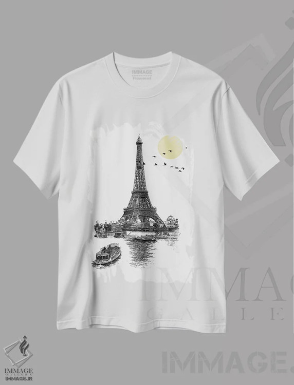 تیشرت سفید طرح دار هنر مینیمالیستی برج ایفل، تزئینی اثر ادسون راموس | immage.ir