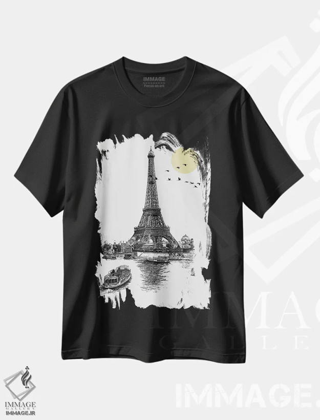 تیشرت مشکی طرح دار هنر مینیمالیستی برج ایفل، تزئینی اثر ادسون راموس | فروشگاه ایماژ