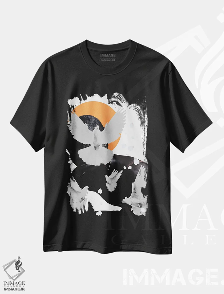 تیشرت مشکی طرح دار کبوترها، هنر آمریکایی آفریقایی تبار اثر ادسون راموس | فروشگاه ایماژ