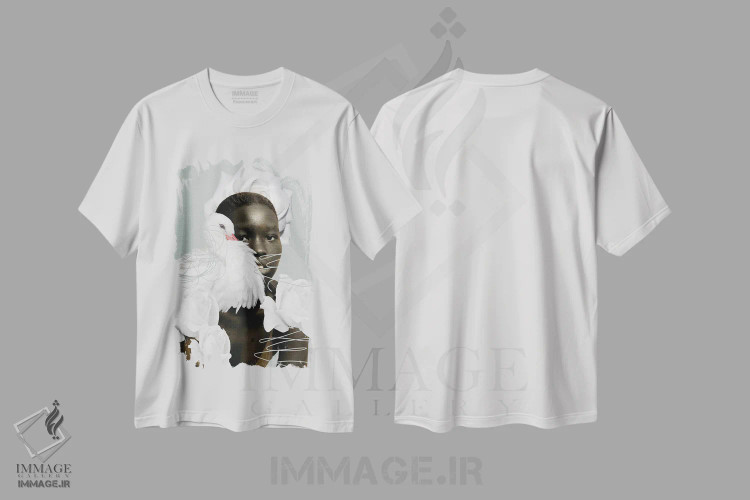 تیشرت سفید طرح دار قو و رزهای سفید، هنر آمریکایی آفریقایی تبار اثر ادسون راموس | فروشگاه ایماژ