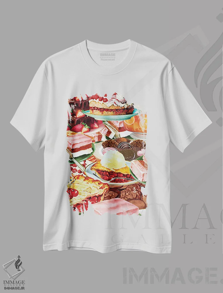 تیشرت سفید طرح دار پای ها و شیرینی ها، هنر دیجیتال اثر ادسون راموس | فروشگاه ایماژ