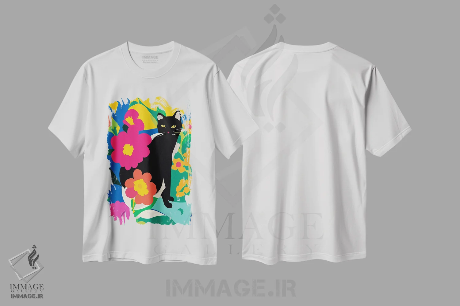 تیشرت سفید طرح دار گربه و گل ها، آبستره اثر ادسون راموس | immage.ir
