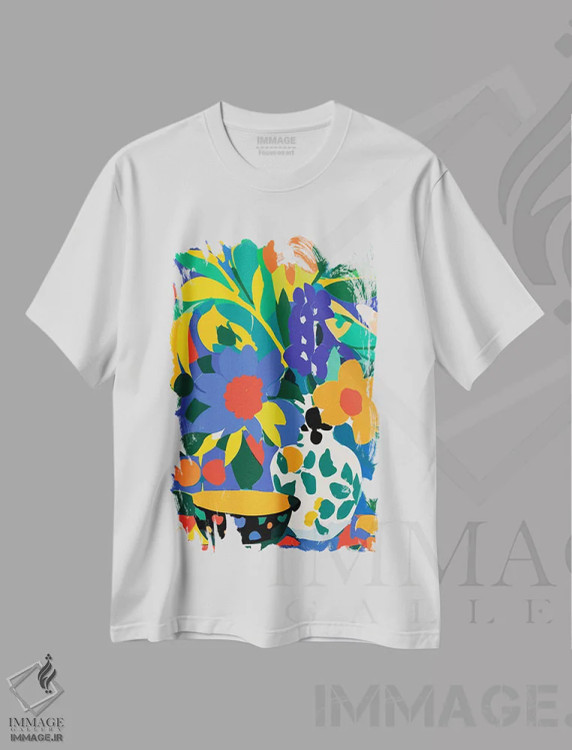تیشرت سفید طرح دار گلدان گل، آبستره اثر ادسون راموس | immage.ir