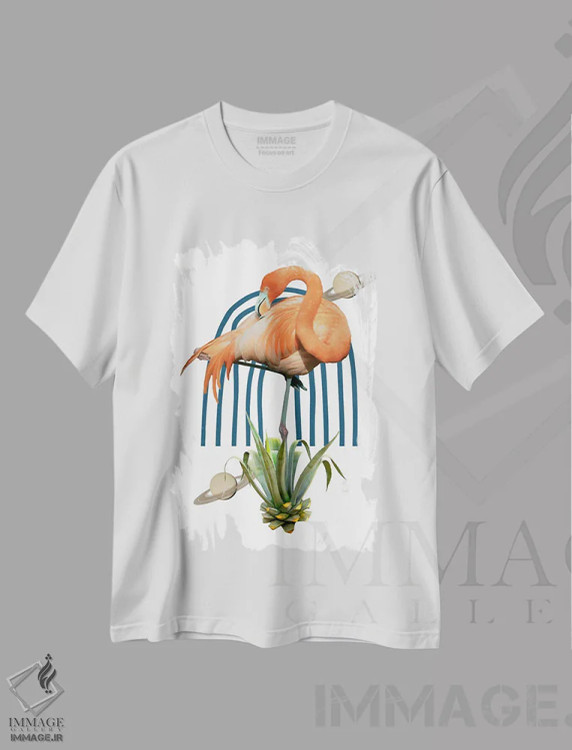 تیشرت سفید طرح دار کلاژ فلامینگو، تزئینی اثر ادسون راموس | فروشگاه ایماژ