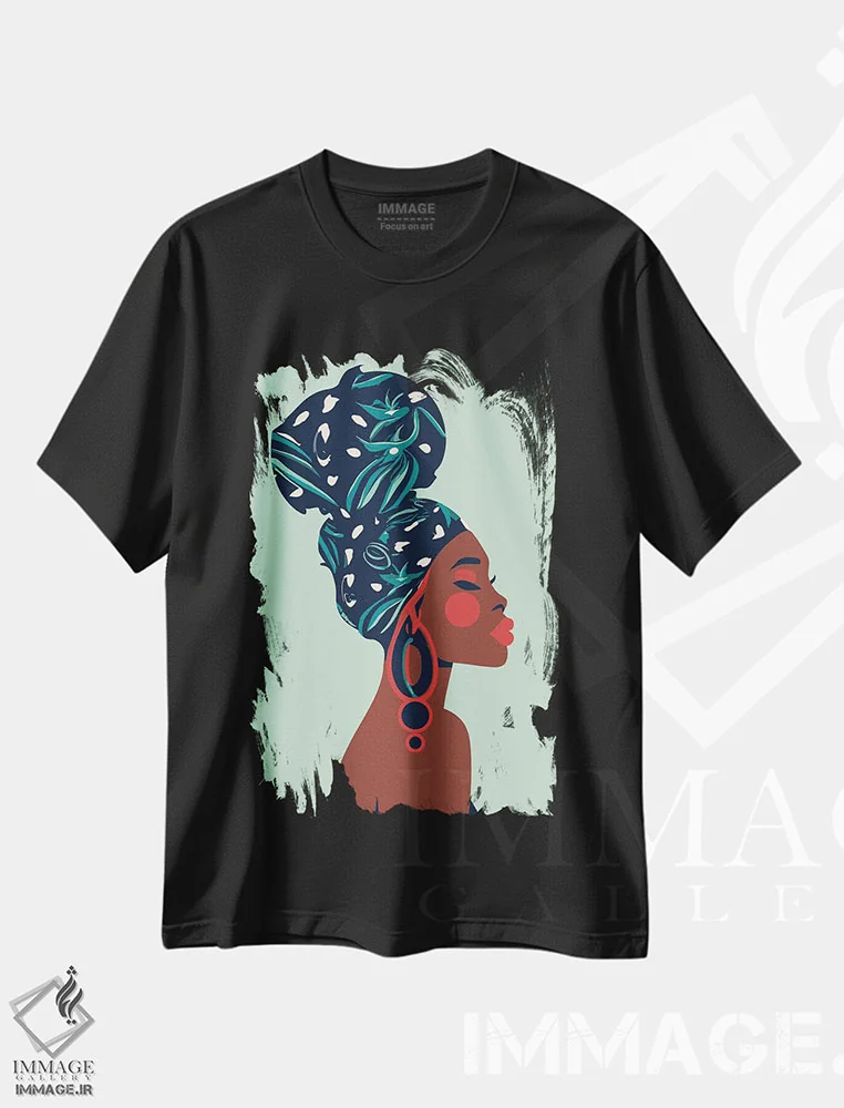 تیشرت مشکی طرح دار زن سیاه پوش، هنر آمریکایی آفریقایی تبار اثر ادسون راموس | immage.ir