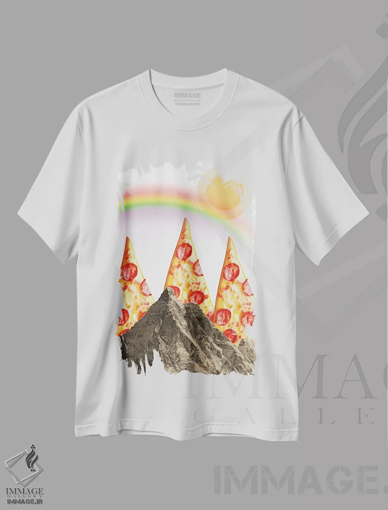 تیشرت سفید طرح دار کوه پیتزا، هنر دیجیتال اثر ادسون راموس | فروشگاه ایماژ
