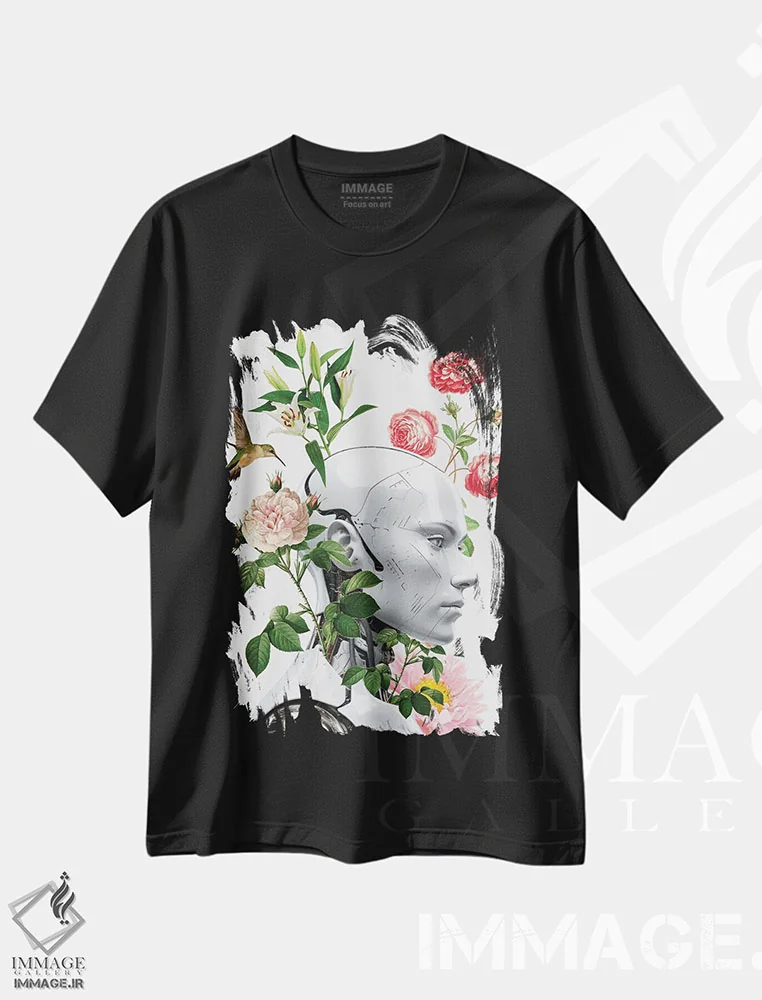 تیشرت مشکی طرح دار گل های رباتی، تزئینی اثر ادسون راموس | فروشگاه ایماژ