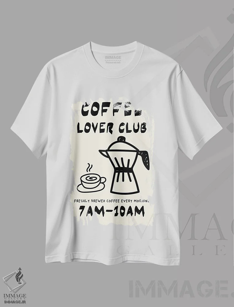 تیشرت سفید طرح دار باشگاه قهوه، هنر دیجیتال سیاه و سفید اثر ادسون راموس | فروشگاه ایماژ