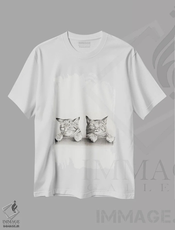 تیشرت سفید طرح دار گربه بانمک، نقاشی و تصویرگری سیاه و سفید اثر ادسون راموس | immage.ir