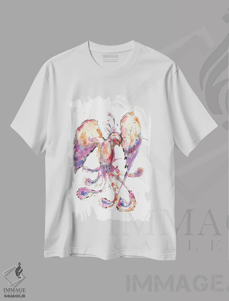 تیشرت سفید طرح دار ققنوس آبرنگی، هنر دیجیتال اثر ادسون راموس | فروشگاه ایماژ