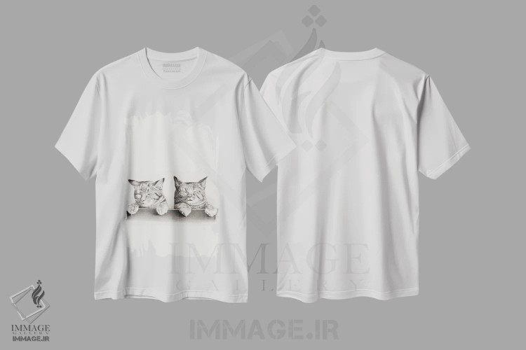 تیشرت سفید طرح دار گربه بانمک، نقاشی و تصویرگری سیاه و سفید اثر ادسون راموس | immage.ir