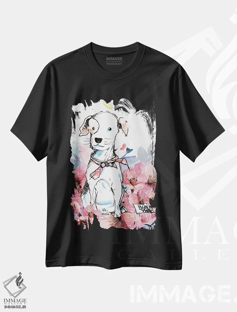 تیشرت مشکی طرح دار سگ و گل ها، تزئینی اثر ادسون راموس | فروشگاه ایماژ
