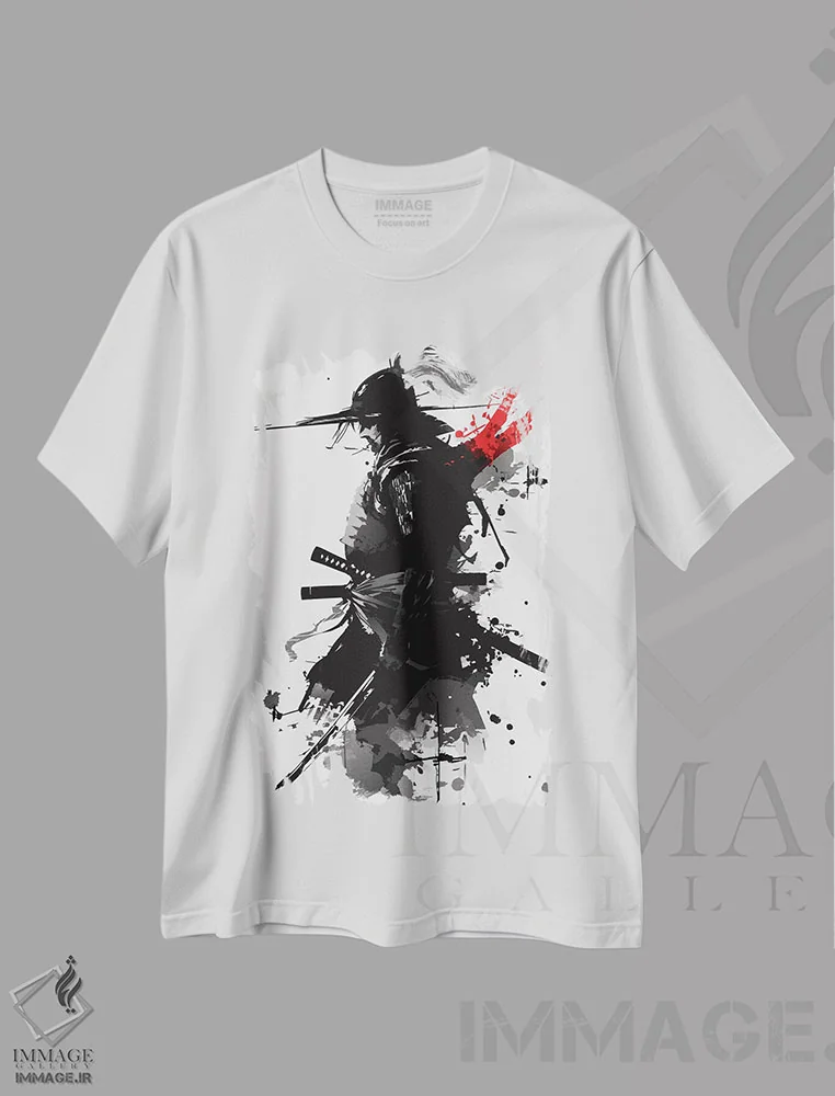 تیشرت سفید طرح دار سیلوئت جنگجوی سامورایی، دکوراسیون جایگزین اثر ادسون راموس | فروشگاه ایماژ