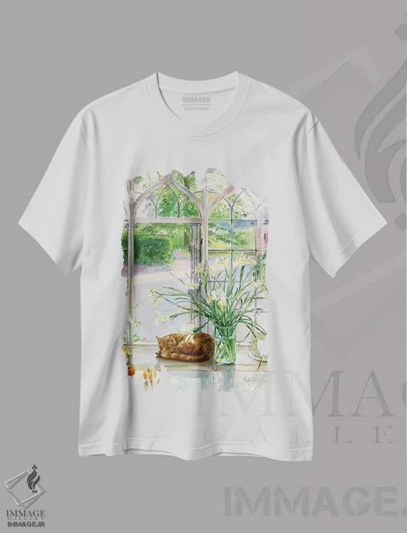تیشرت سفید طرح دار زنبق ها و گربه خوابیده، ۱۹۹۰، هنر فاخر کلاسیک اثر تیموتی ایستون | فروشگاه ایماژ