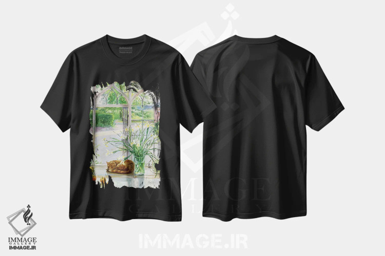 تیشرت مشکی طرح دار زنبق ها و گربه خوابیده، ۱۹۹۰، هنر فاخر کلاسیک اثر تیموتی ایستون | immage.ir