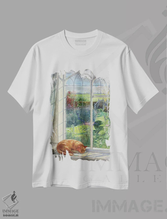 تیشرت سفید طرح دار گربه خوابیده و پل چینی، هنر فاخر کلاسیک اثر تیموتی ایستون | فروشگاه ایماژ