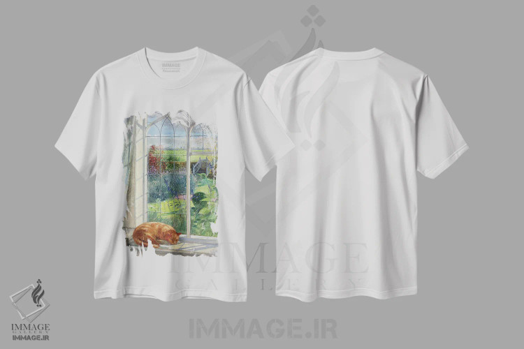 تیشرت سفید طرح دار گربه خوابیده و پل چینی، هنر فاخر کلاسیک اثر تیموتی ایستون | فروشگاه ایماژ