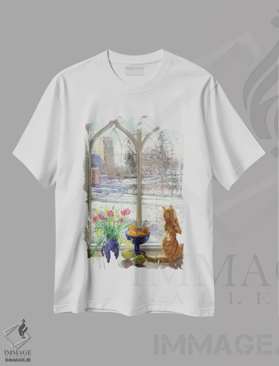 تیشرت سفید طرح دار سایه های برف و گربه، هنر فاخر کلاسیک اثر تیموتی ایستون | فروشگاه ایماژ