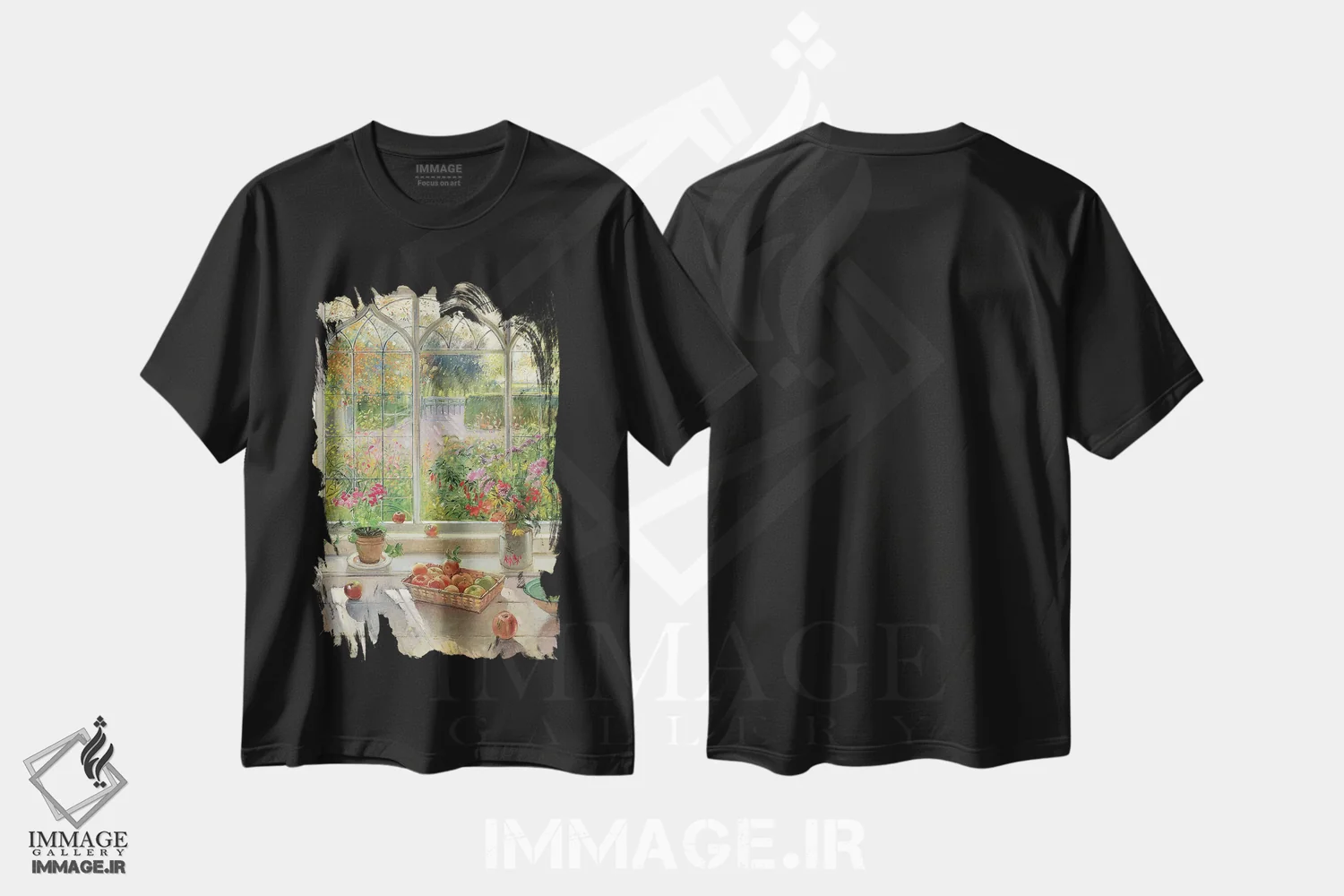 تیشرت مشکی طرح دار میوه و گل های پاییزی، هنر فاخر کلاسیک اثر تیموتی ایستون | فروشگاه ایماژ