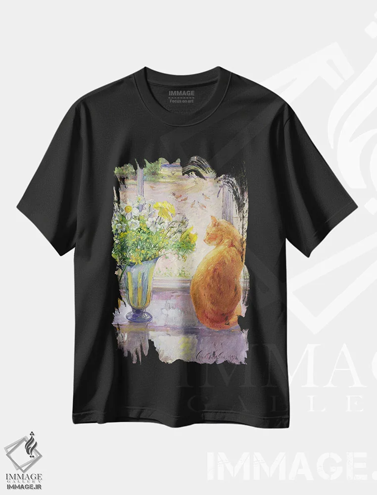 تیشرت مشکی طرح دار پارچ راه راه با گل های بهاری، ۱۹۹۲، هنر فاخر کلاسیک اثر تیموتی ایستون | فروشگاه ایماژ