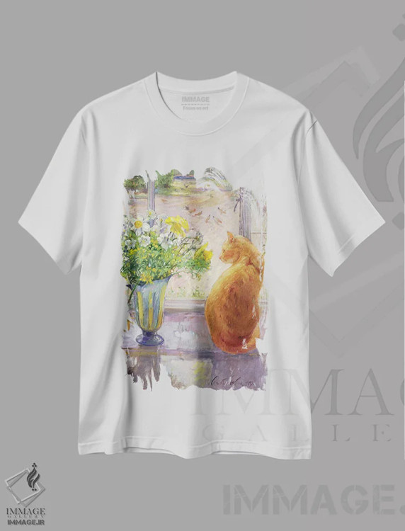تیشرت سفید طرح دار پارچ راه راه با گل های بهاری، ۱۹۹۲، هنر فاخر کلاسیک اثر تیموتی ایستون | immage.ir
