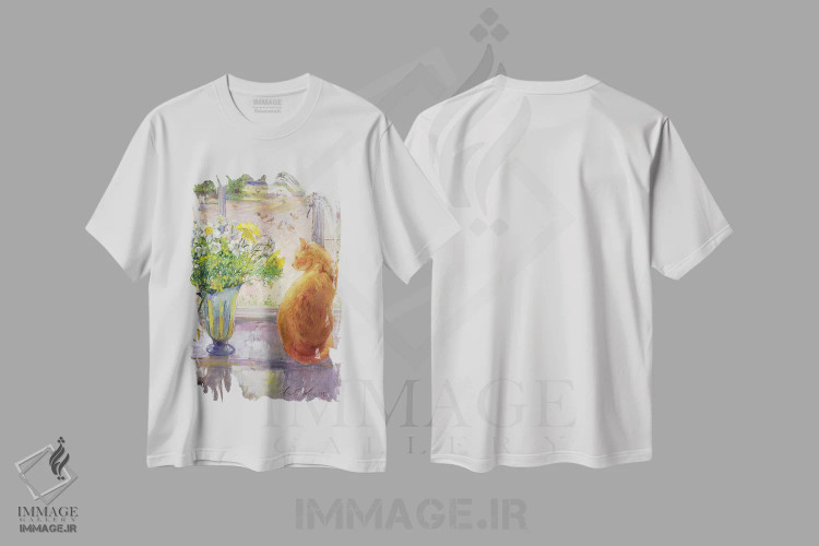 تیشرت سفید طرح دار پارچ راه راه با گل های بهاری، ۱۹۹۲، هنر فاخر کلاسیک اثر تیموتی ایستون | immage.ir