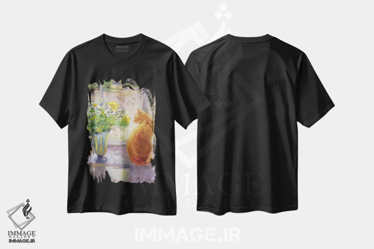 تیشرت مشکی طرح دار پارچ راه راه با گل های بهاری، ۱۹۹۲، هنر فاخر کلاسیک اثر تیموتی ایستون | فروشگاه ایماژ
