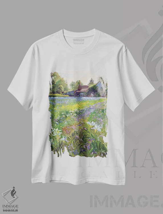 تیشرت سفید طرح دار زنبق های کوتاه و کلبه، ۱۹۹۳، هنر فاخر کلاسیک اثر تیموتی ایستون | immage.ir