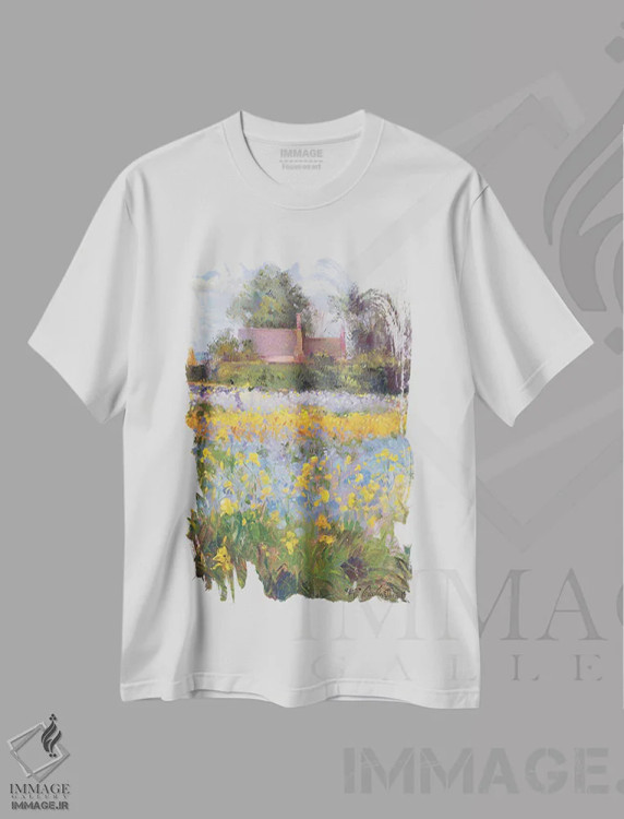 تیشرت سفید طرح دار کلبه های محصور در مزرعه زنبق، هنر فاخر کلاسیک اثر تیموتی ایستون | immage.ir