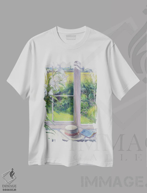 تیشرت سفید طرح دار صندلی کنار پنجره و سوسن، ۱۹۹۱، هنر فاخر کلاسیک اثر تیموتی ایستون | immage.ir