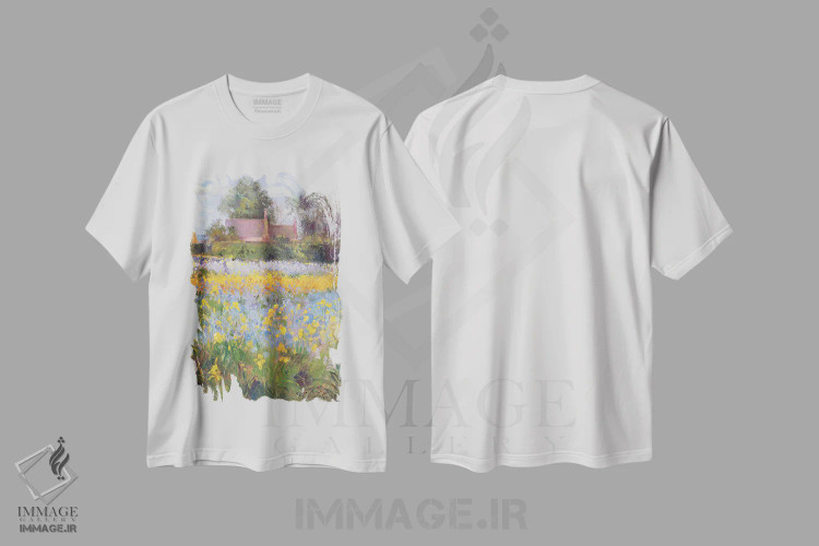 تیشرت سفید طرح دار کلبه های محصور در مزرعه زنبق، هنر فاخر کلاسیک اثر تیموتی ایستون | immage.ir