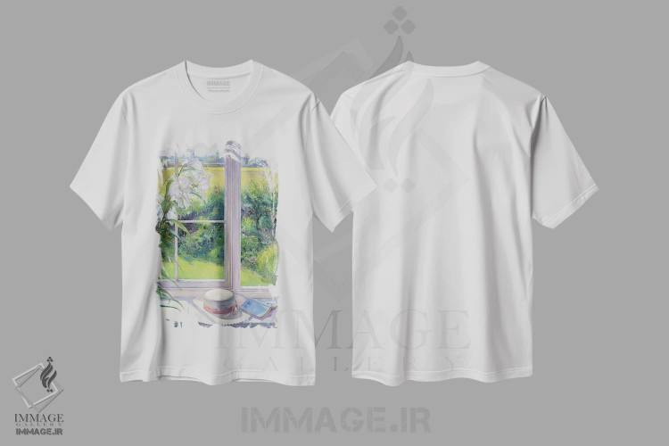 تیشرت سفید طرح دار صندلی کنار پنجره و سوسن، ۱۹۹۱، هنر فاخر کلاسیک اثر تیموتی ایستون | immage.ir