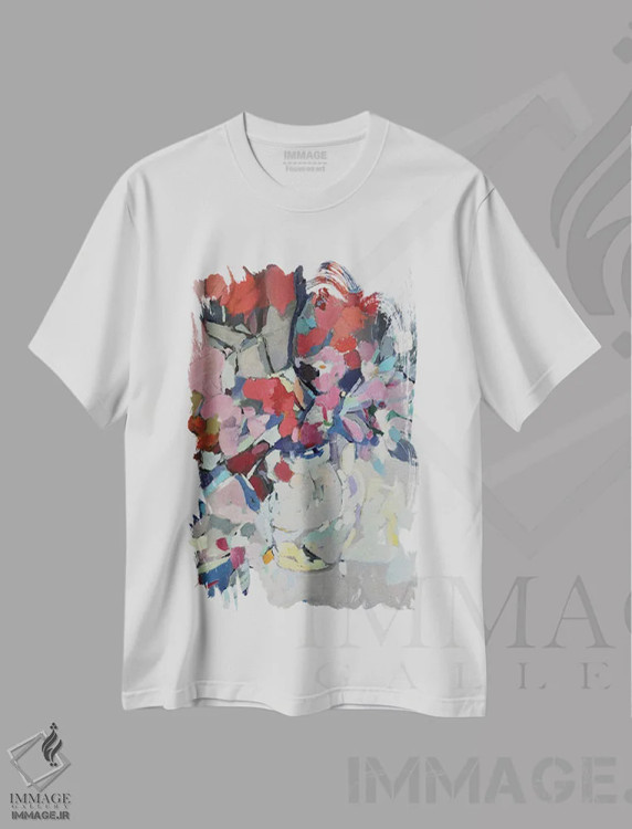 تیشرت سفید طرح دار رنگ های وحشی در یک گلدان، آبستره اثر النا شرایبمن | immage.ir