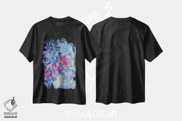 تیشرت مشکی طرح دار گل ها بر زمینهٔ تیره، آبستره اثر النا شرایبمن | فروشگاه ایماژ