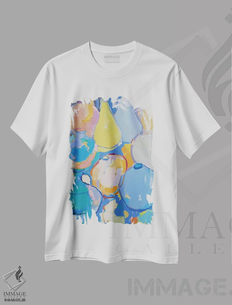 تیشرت سفید طرح دار سبوی زرد، آبستره اثر النا شرایبمن | فروشگاه ایماژ