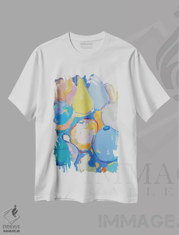 تیشرت سفید طرح دار سبوی زرد، آبستره اثر النا شرایبمن | فروشگاه ایماژ