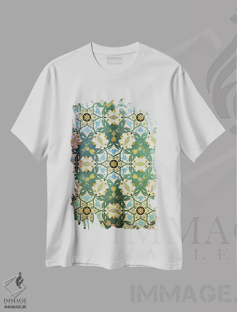 تیشرت سفید طرح دار آرمان گرایی مشهود، دکور بوهمی اثر فایو بای فایو کالکتیو | فروشگاه ایماژ