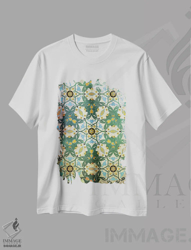 تیشرت سفید طرح دار آرمان گرایی مشهود، دکور بوهمی اثر فایو بای فایو کالکتیو | فروشگاه ایماژ