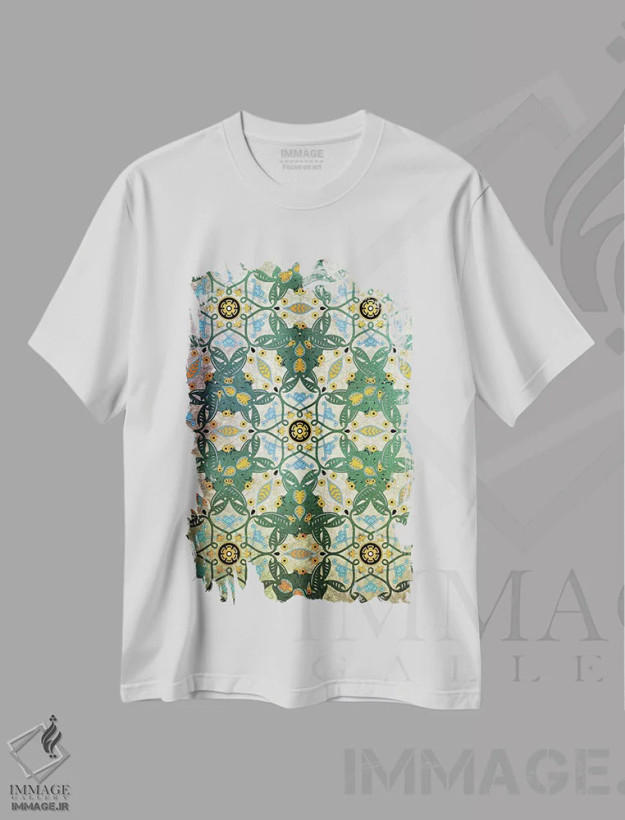 تیشرت سفید طرح دار آرمان گرایی مشهود، دکور بوهمی اثر فایو بای فایو کالکتیو | فروشگاه ایماژ