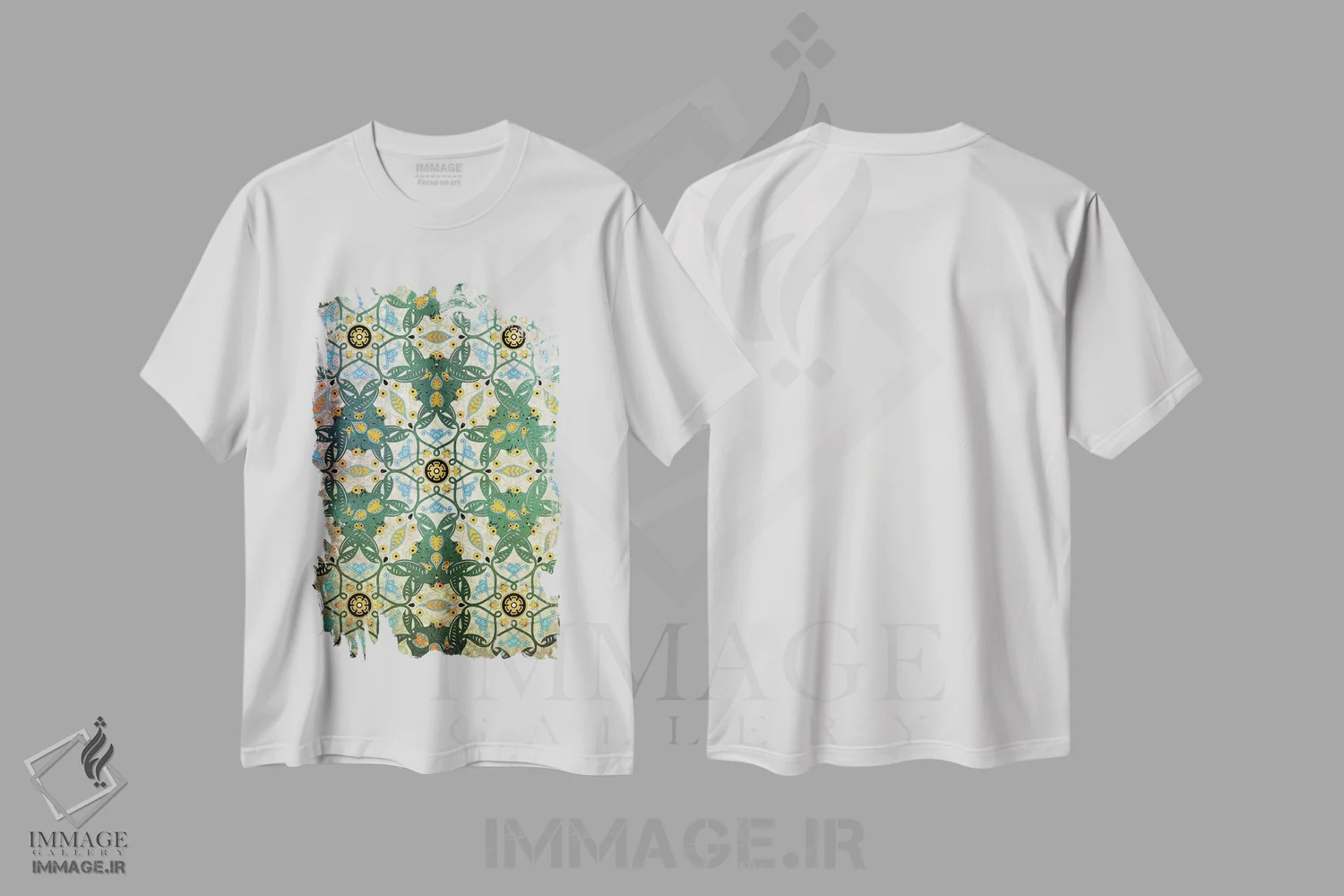 تیشرت سفید طرح دار آرمان گرایی مشهود، دکور بوهمی اثر فایو بای فایو کالکتیو | فروشگاه ایماژ