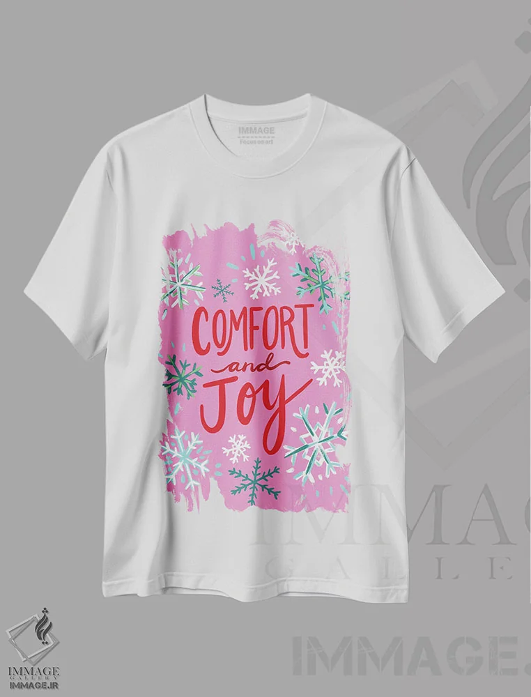 تیشرت سفید طرح دار آرامش و شادی، تابلو و عبار ت های کریسمسی اثر اتاوی | فروشگاه ایماژ