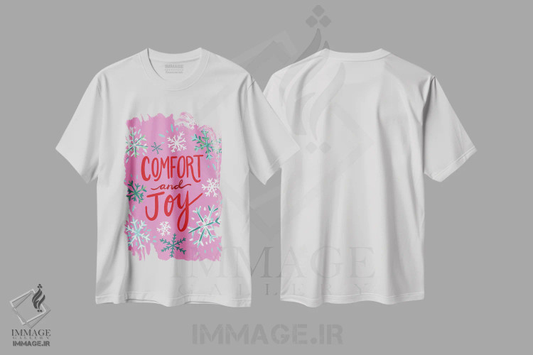 تیشرت سفید طرح دار آرامش و شادی، تابلو و عبار ت های کریسمسی اثر اتاوی | فروشگاه ایماژ