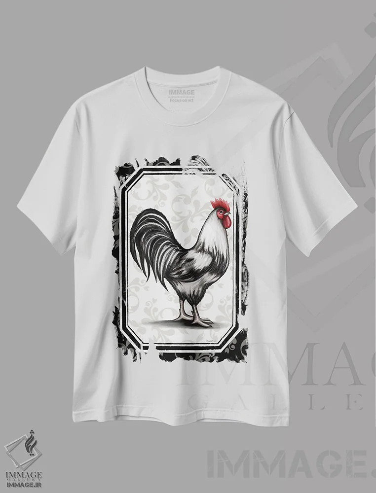 تیشرت سفید طرح دار خروس I، هنر دیجیتال اثر الیزابت تیندال | فروشگاه ایماژ