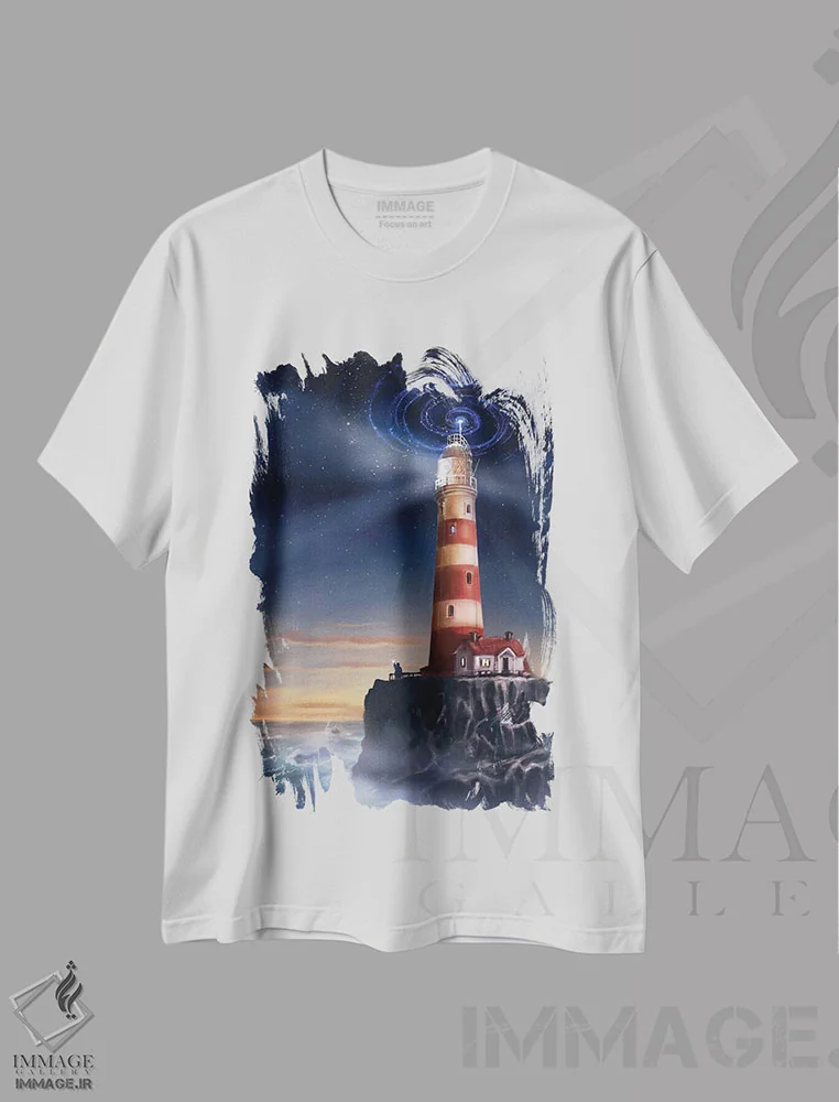 تیشرت سفید طرح دار فانوس دریایی، تزئینی اثر آناستازیا اِوگرافوا | فروشگاه ایماژ