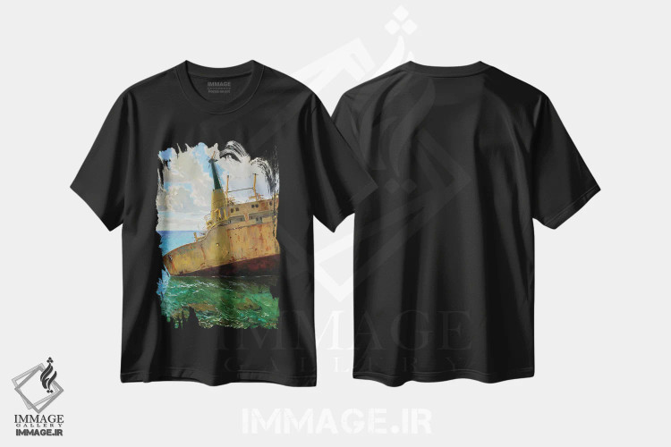 تیشرت مشکی طرح دار کشتی در منظرهٔ دریایی، مدیوم اثر اوگنیا مکانوا | immage.ir