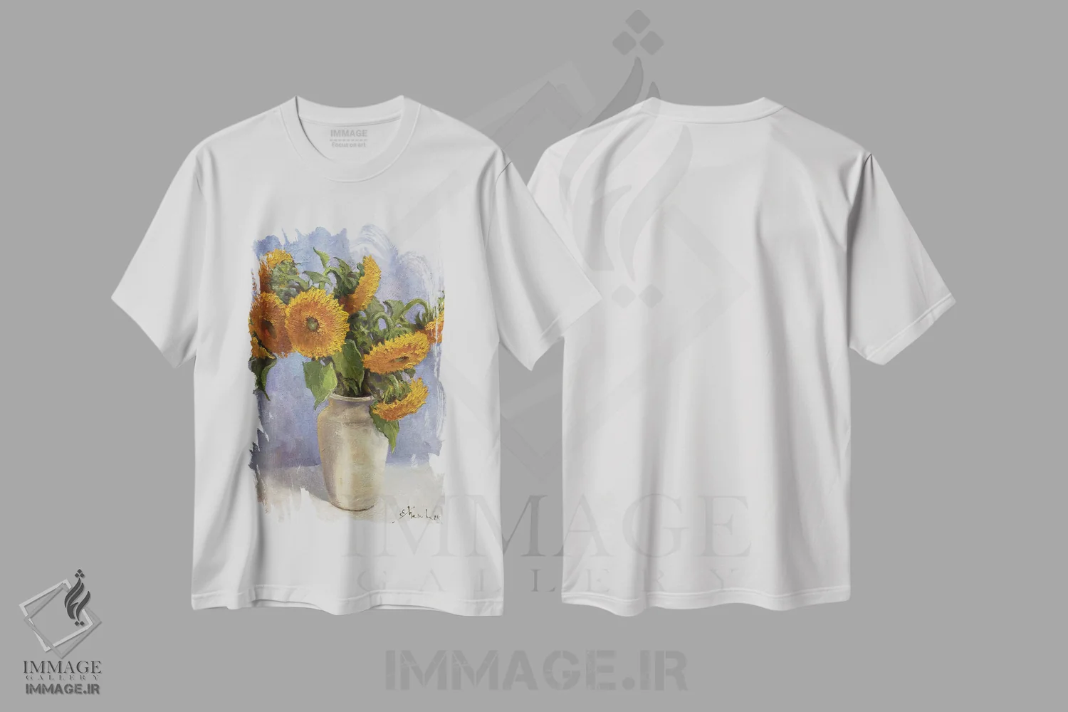 تیشرت سفید طرح دار گل های آفتابگردان، مدیوم اثر اوگنیا مکانوا | فروشگاه ایماژ