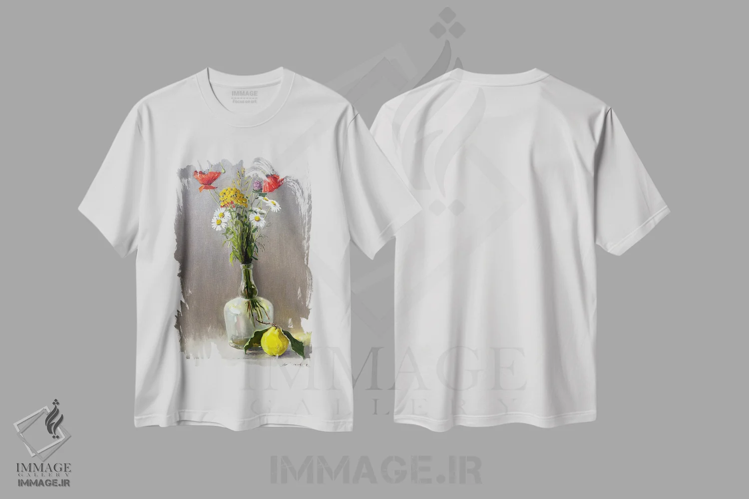 تیشرت سفید طرح دار طبیعت بی جان با گل های وحشی و سیب ۲، مدیوم اثر اوگنیا مکانوا | immage.ir