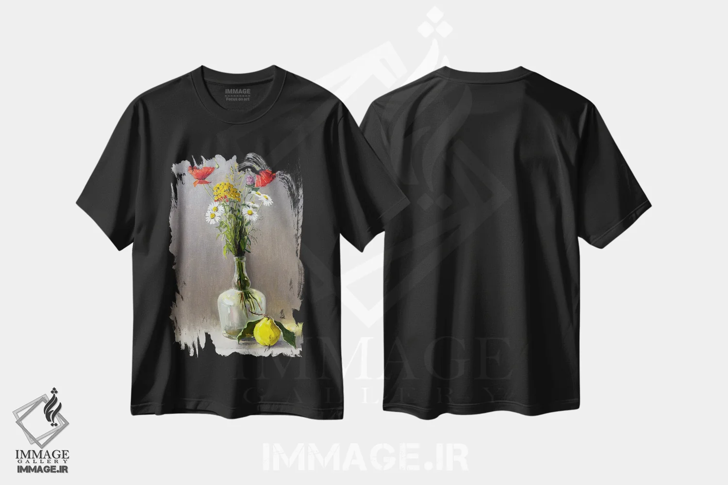 تیشرت مشکی طرح دار طبیعت بی جان با گل های وحشی و سیب ۲، مدیوم اثر اوگنیا مکانوا | فروشگاه ایماژ